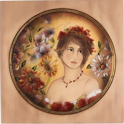 Viktor-Art The Grawerowany obraz z drewna - Portret Kobiety (model 4) features a woman with short brown hair, a red beaded necklace, and an off-shoulder white dress with red flowers, set among engraved floral designs on wood—a unique and thoughtful gift. Exclusive Woodcarving
