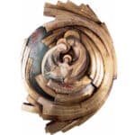 Viktor-Art The Święta Rodzina - Serce i Dom - Wir - Spirala (model 5) - Złoty liść is a gold-toned, handcarved wooden bas-relief of the Holy Family. Its layered, spiraling design symbolizes divine light, making it a unique gift of love and protection. Exclusive Woodcarving