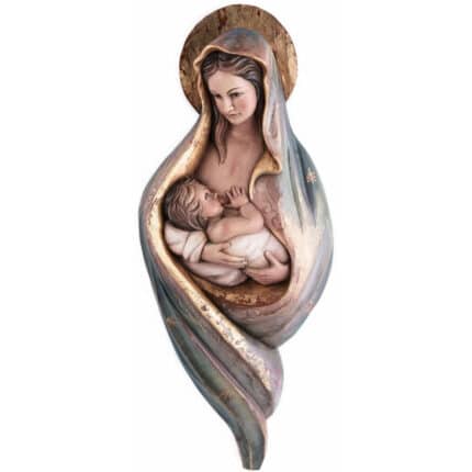 Viktor-Art La escultura hecha a mano Madre de Dios con el Niño Jesús - Amamantando representa a una mujer serena con un halo dorado amamantando a su hijo, envuelta en túnicas azules y doradas-un regalo cálido y tierno para cualquier ocasión especial. Talla exclusiva en madera