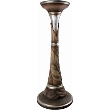 Viktor-Art The Kwietnik - Podstawa - Cokół (model 2 - Zamknięty Liść) is a handcarved, bronze pedestal with a twisted, rope-like shaft and metallic tones. Its ornate design makes it an elegant, classical gift for weddings or special occasions. Exclusive Woodcarving