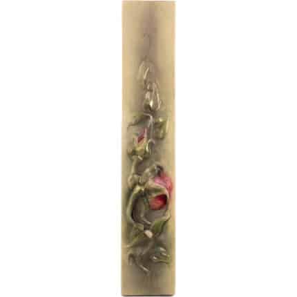 Viktor-Art The Ornament drewniany (róża) is a tall, narrow wooden panel with a handcarved relief of a budding rose—green leaves and red petals emerge on a muted beige background, creating an organic vertical design with soft shading and subtle 3D details. Exclusive Woodcarving