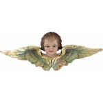 Viktor-Art Anioł Opatrzności: This handcrafted wooden statue features a carved cherub head with curly brown hair, ornate golden wings with touches of green, and a serene expression, set against a plain white background. Exclusive Woodcarving