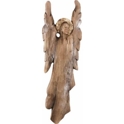 Viktor-Art Angel - Heaven - Dancing in the Wind est une sculpture d'ange en bois sculptée à la main avec de grandes ailes, une expression sereine, une auréole et une robe détaillées, avec des teintes naturelles claires et foncées qui mettent en valeur la qualité de l'artisanat. Sculpture en bois exclusive