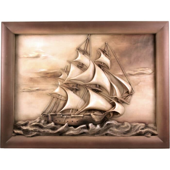 Statek - jacht żaglowy - rzeźbiony obraz - Duży rozmiar rzeźba drewniana – dekoracja biura – ujęcie 2