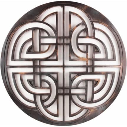 La décoration murale Viktor-Art (motif celtique 1) est un ornement en métal en forme de cercle avec un motif de nœud celtique complexe et symétrique dans les tons de brun foncé, une finition métallique lisse et un fond clair - une idée de cadeau idéale. Sculpture sur bois exclusive