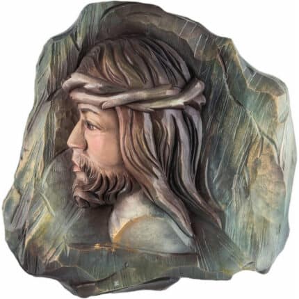 Viktor-Art Hand-carved wooden relief titled Jezus Chrystus - Odkupienie features a bearded man in a crown of thorns, with a textured, stone-like backdrop for added depth—a meaningful gift for any occasion. Exclusive Woodcarving