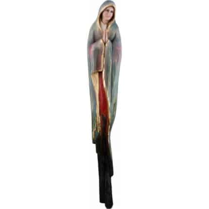 Viktor-Art The Madonna - Niezwyciężona is a handcarved wooden sculpture of a serene woman in prayer, dressed in a flowing green, gold, and red robe—a modern interpretation of a religious figure and an elegant, unique gift. Exclusive Woodcarving
