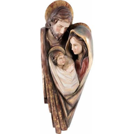 Viktor-Art Święta Rodzina - Serce i Dom (model 2) is a handmade wooden sculpture of the Holy Family, showing Joseph with a halo, Mary holding baby Jesus, and serene, earthy-toned figures—an ideal gift for any occasion. Exclusive Woodcarving