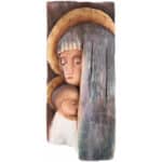 Viktor-Art The Święta Maria z Dzieckiem Jezusem - Styl ikoniczny is a carved wooden relief featuring Madonna and Child with golden halos, earth tones, and smooth lines—a unique gift for any art enthusiast. Exclusive Woodcarving