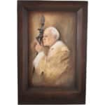 Viktor-Art The Papież - Jan Paweł II - Wygrawerowany oryginalny Podpis is a handmade framed 3D relief sculpture showing Pope John Paul II in profile, with his engraved signature and a brown textured background on wood. Exclusive Woodcarving