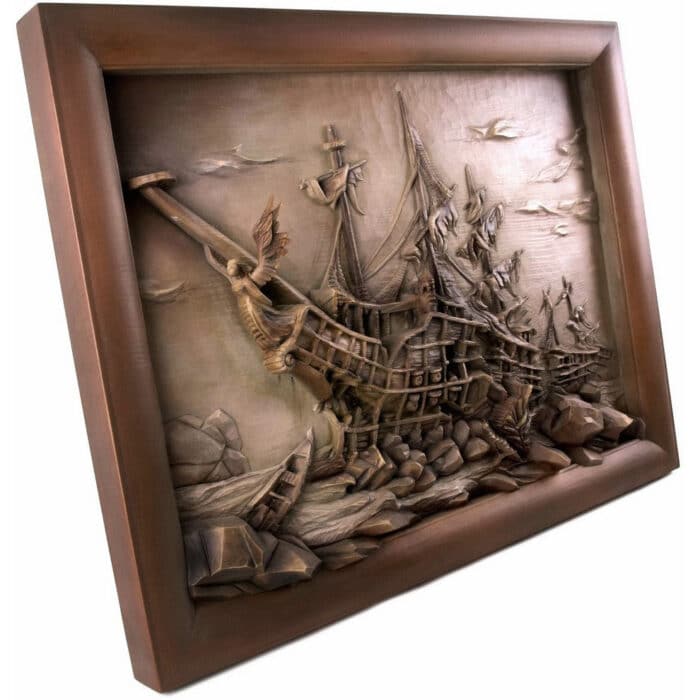 Statek - Wrak fregaty - rzeźbione zdjęcie - Duży rozmiar rzeźba drewniana – dekoracja salonu