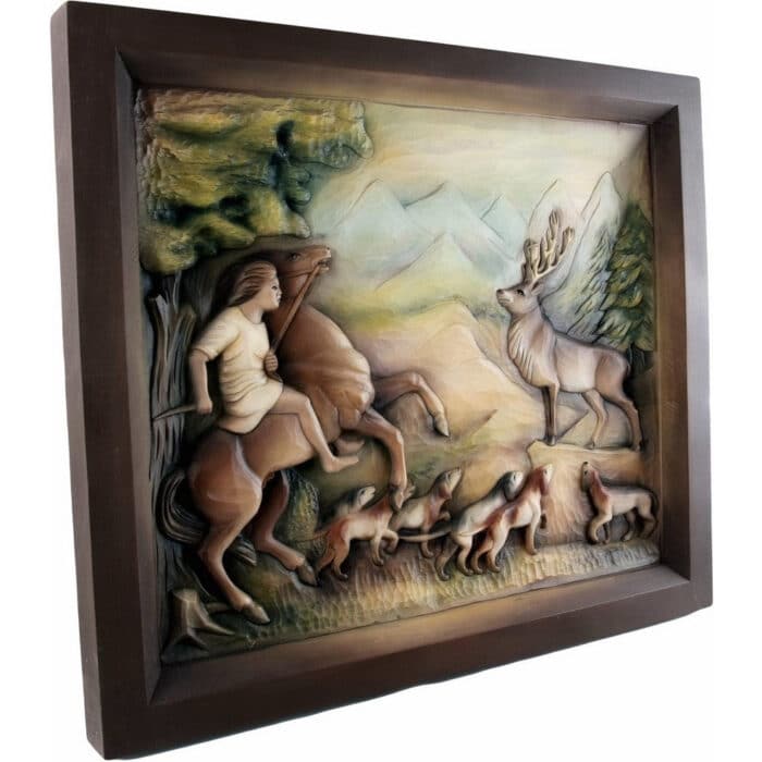 Św. Hubert - Patron Myśliwych - Scena polowania na jelenie rzeźba drewniana – dekoracja salonu – ujęcie 2