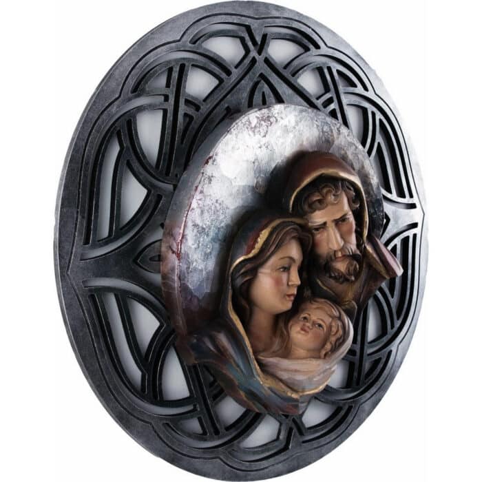 Święta rodzina - Serce i dom - Księżyc - Ażurowe tło (Model 9) - Srebro figura drewniana – prezent na pierwszą komunię