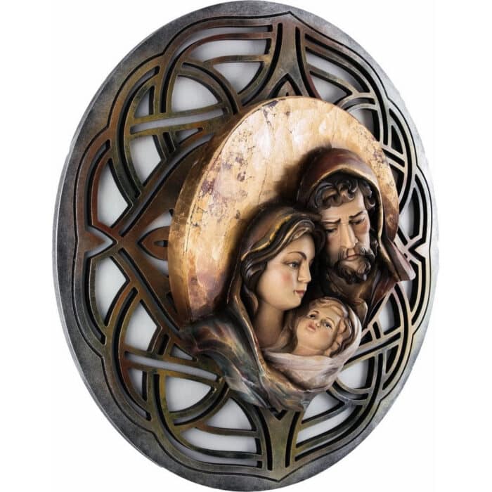 Święta rodzina - Serce i dom - Księżyc - Ażurowe tło (Model 9) - Złoto figura drewniana – prezent na chrzest