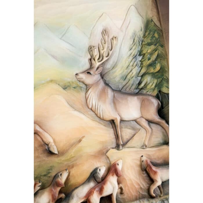 Św. Hubert - Patron Myśliwych - Scena polowania na jelenie rzeźba drewniana – dekoracja biblioteki